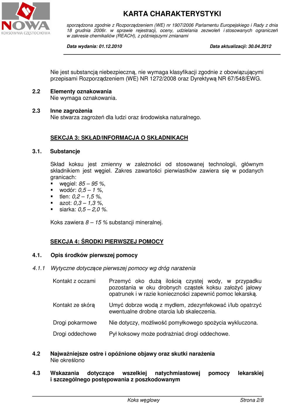 Substancje Skład koksu jest zmienny w zależności od stosowanej technologii, głównym składnikiem jest węgiel.