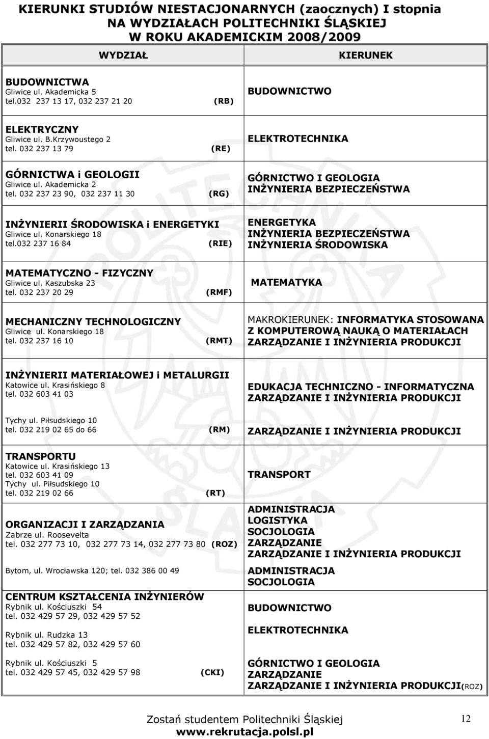 032 237 23 90, 032 237 11 30 (RG) GÓRNICTWO I GEOLOGIA INŻYNIERIA BEZPIECZEŃSTWA INŻYNIERII ŚRODOWISKA i ENERGETYKI Gliwice ul. Konarskiego 18 tel.