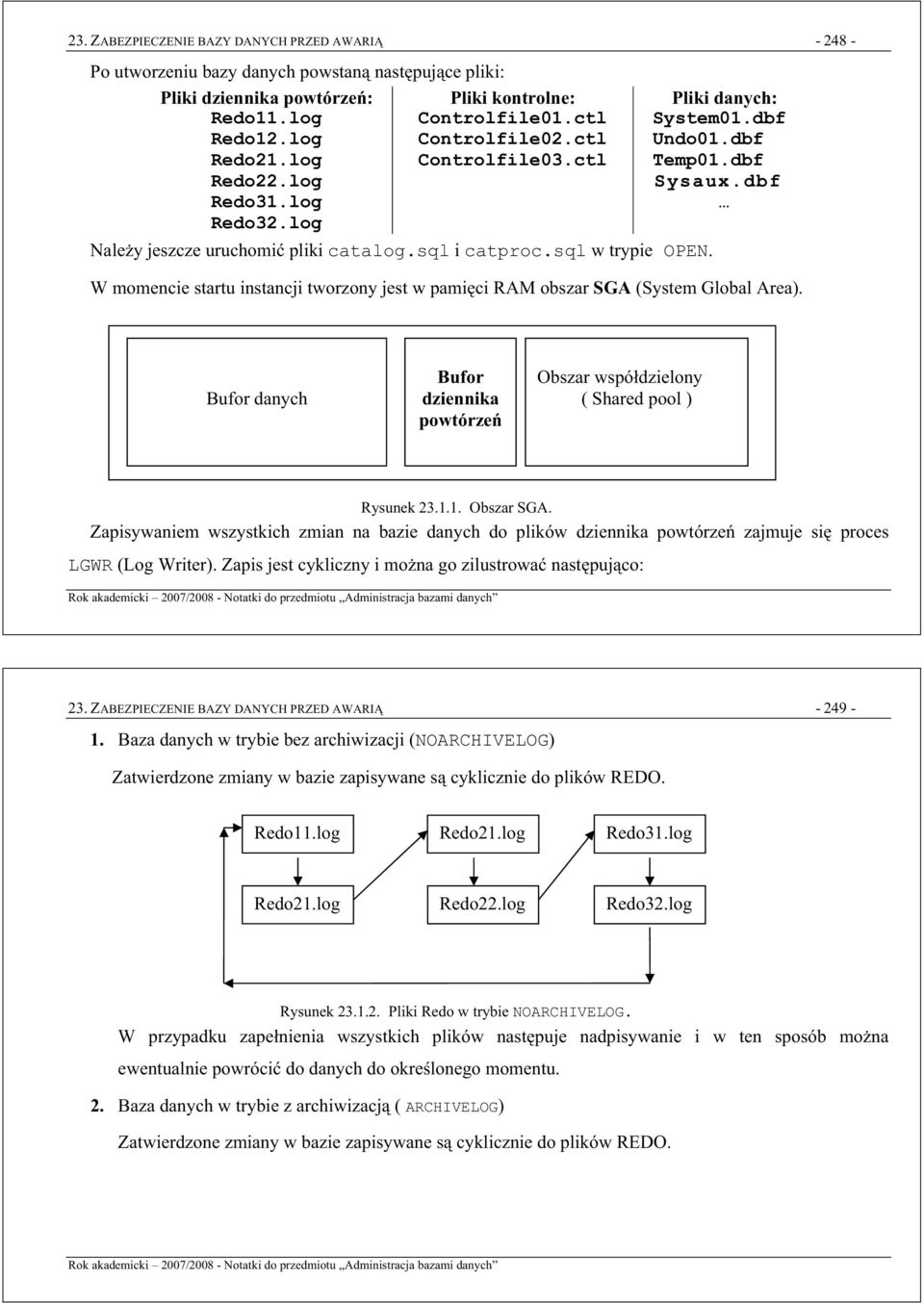 dbf Sysaux.dbf W momencie startu instancji tworzony jest w pamici RAM obszar SGA (System Global Area). Bufor danych Bufor dziennika powtórze Obszar wspódzielony ( Shared pool ) Rysunek 23.1.