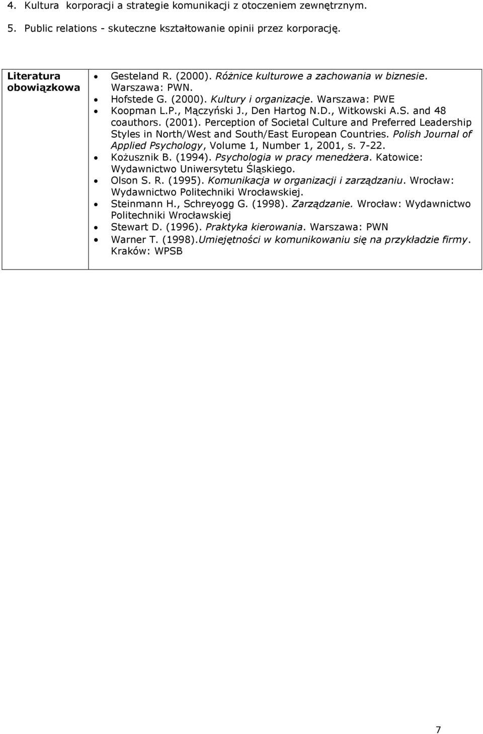 Perception of Societal Culture and Preferred Leadership Styles in North/West and South/East European Countries. Polish Journal of Applied Psychology, Volume 1, Number 1, 2001, s. 7-22. Kożusznik B.