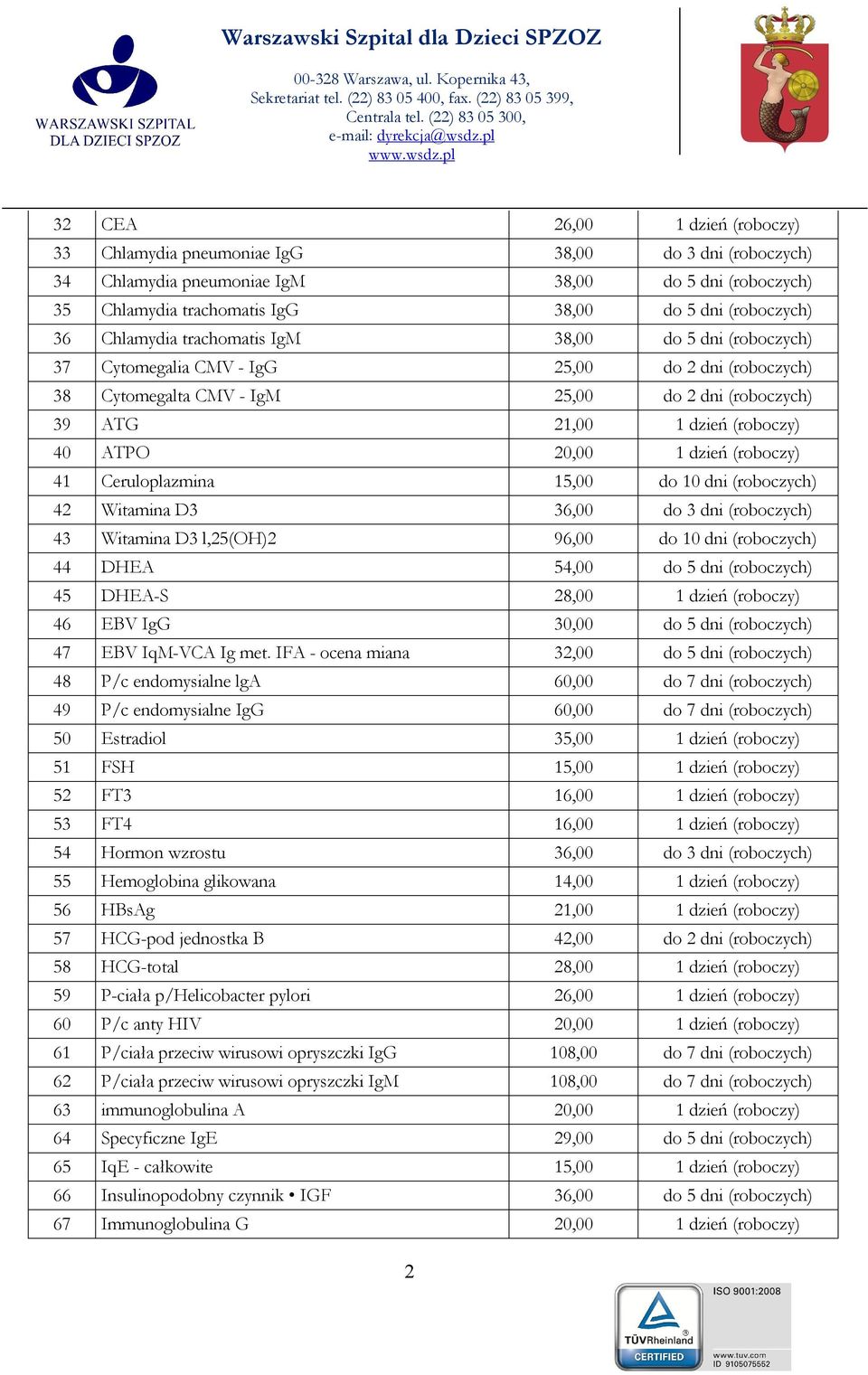 20,00 1 dzień (roboczy) 41 Ceruloplazmina 15,00 do 10 dni (roboczych) 42 Witamina D3 36,00 do 3 dni (roboczych) 43 Witamina D3 l,25(oh)2 96,00 do 10 dni (roboczych) 44 DHEA 54,00 do 5 dni (roboczych)