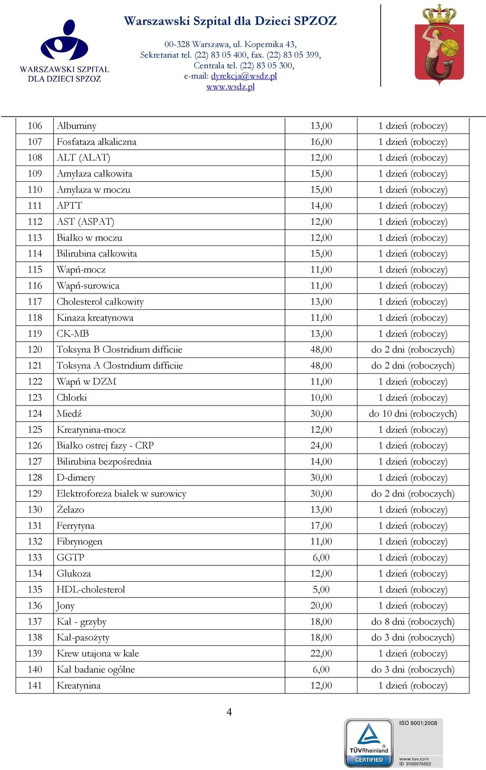 11,00 1 dzień (roboczy) 116 Wapń-surowica 11,00 1 dzień (roboczy) 117 Cholesterol całkowity 13,00 1 dzień (roboczy) 118 Kinaza kreatynowa 11,00 1 dzień (roboczy) 119 CK-MB 13,00 1 dzień (roboczy) 120