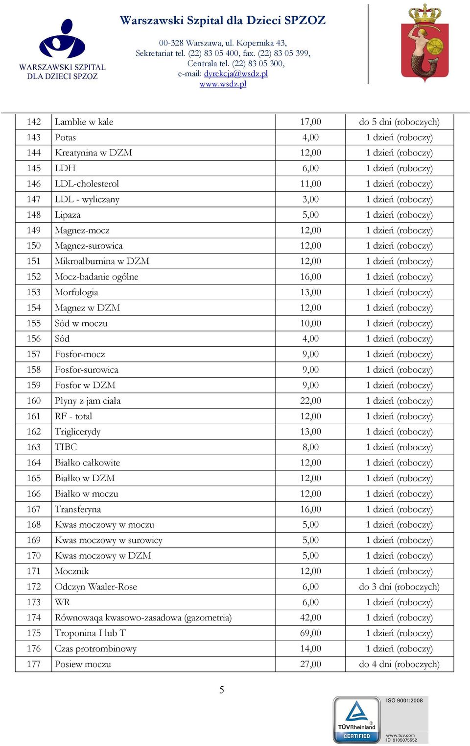 (roboczy) 152 Mocz-badanie ogólne 16,00 1 dzień (roboczy) 153 Morfologia 13,00 1 dzień (roboczy) 154 Magnez w DZM 12,00 1 dzień (roboczy) 155 Sód w moczu 10,00 1 dzień (roboczy) 156 Sód 4,00 1 dzień