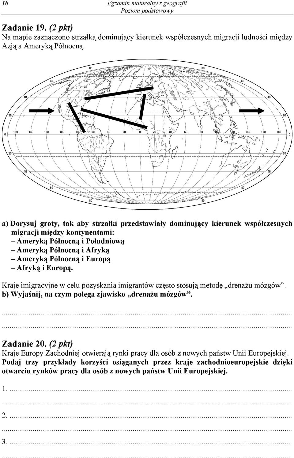 Afryką i Europą. Kraje imigracyjne w celu pozyskania imigrantów często stosują metodę drenażu mózgów. b) Wyjaśnij, na czym polega zjawisko drenażu mózgów. Zadanie 20.