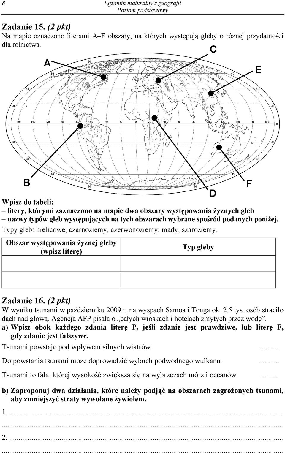Typy gleb: bielicowe, czarnoziemy, czerwonoziemy, mady, szaroziemy. Obszar występowania żyznej gleby (wpisz literę) D Typ gleby F Zadanie 16. (2 pkt) W wyniku tsunami w październiku 2009 r.