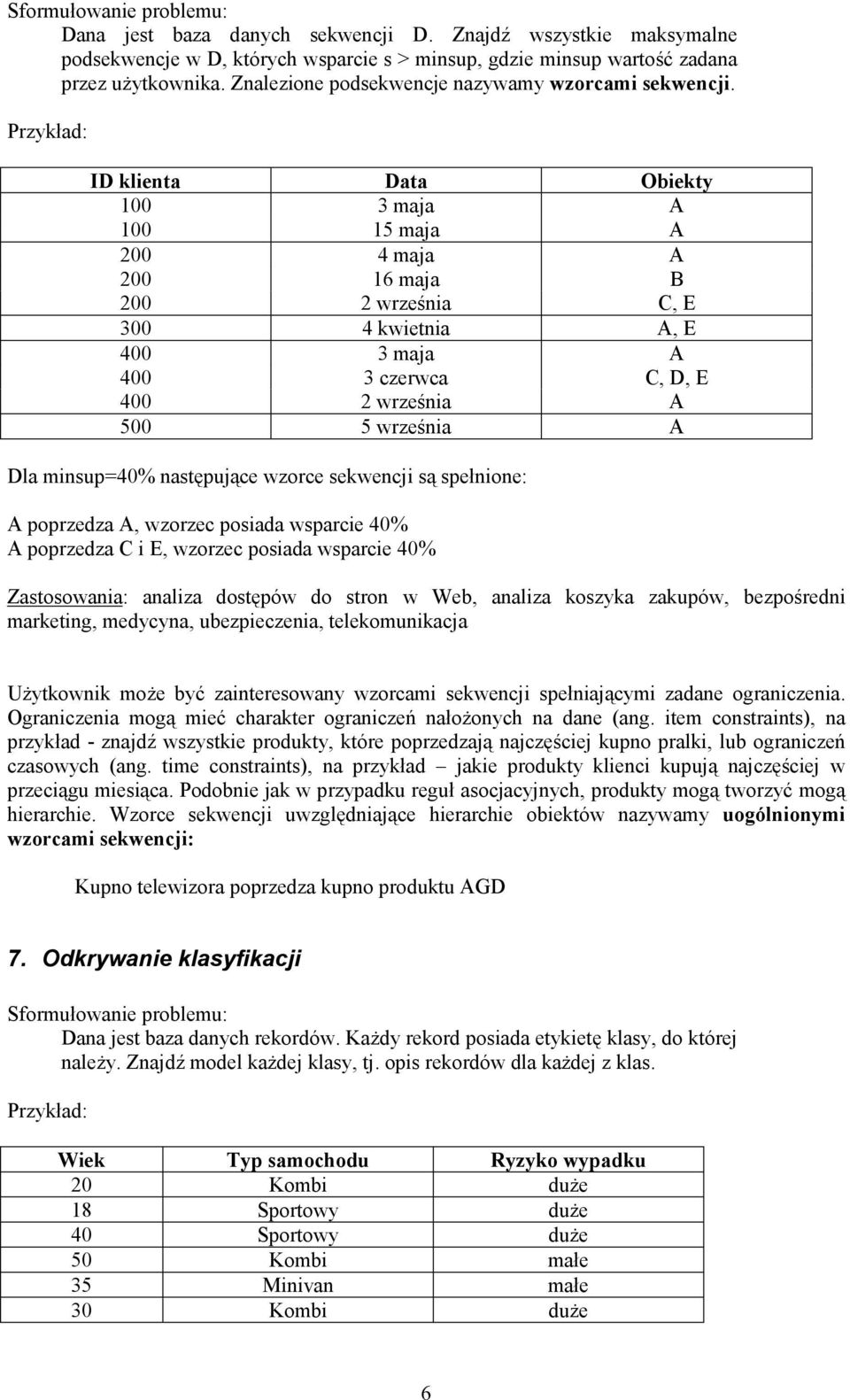 Przykład: ID klienta Data Obiekty 100 3 maja A 100 15 maja A 200 4 maja A 200 16 maja B 200 2 września C, E 300 4 kwietnia A, E 400 3 maja A 400 3 czerwca C, D, E 400 2 września A 500 5 września A