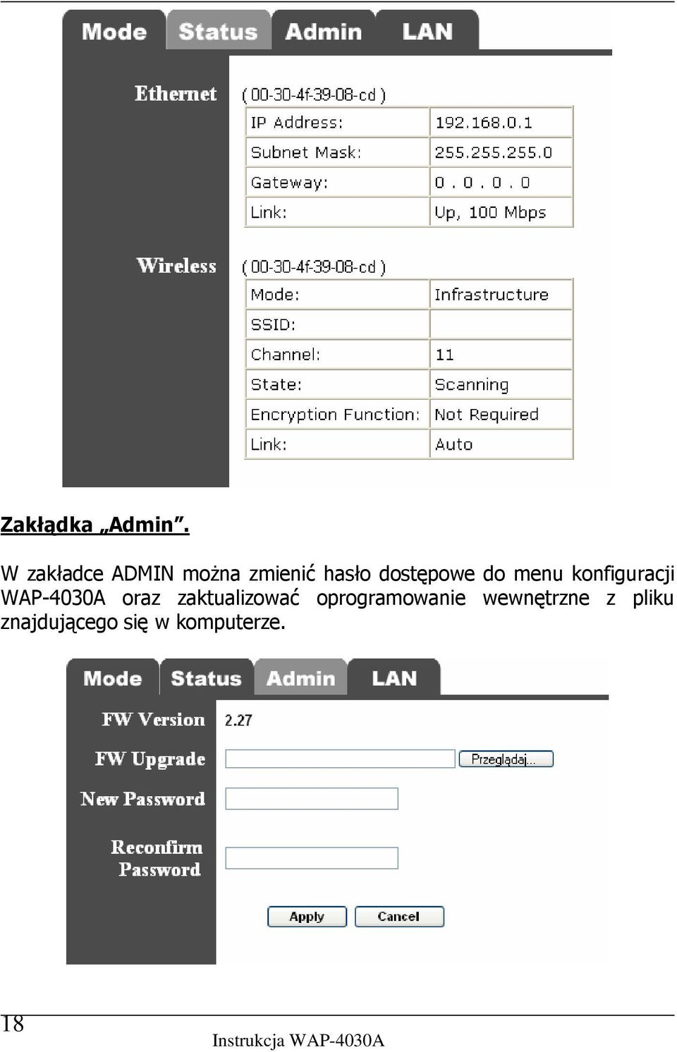 dostępowe do menu konfiguracji WAP-4030A