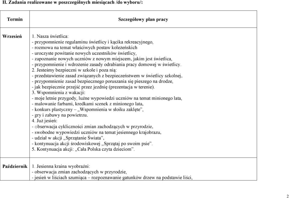 uczniów z nowym miejscem, jakim jest świetlica, - przypomnienie i wdrożenie zasady odrabiania pracy domowej w świetlicy. 2.