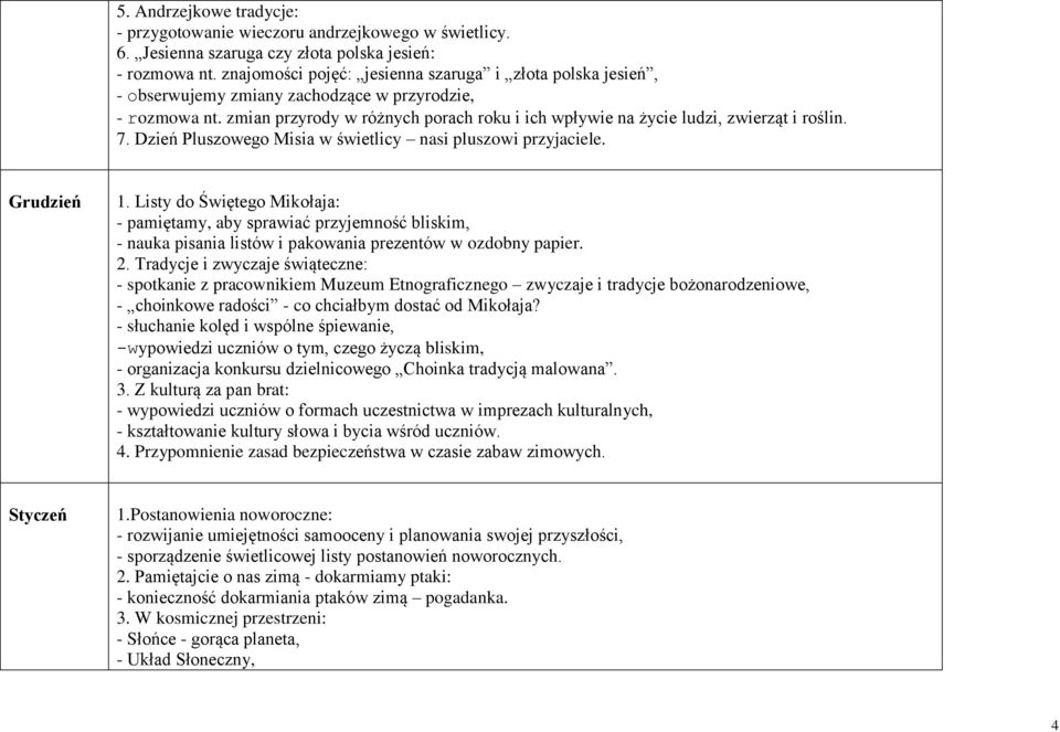 zmian przyrody w różnych porach roku i ich wpływie na życie ludzi, zwierząt i roślin. 7. Dzień Pluszowego Misia w świetlicy nasi pluszowi przyjaciele. Grudzień 1.