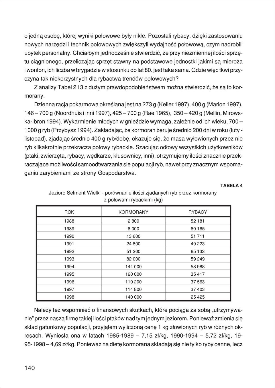 lat 80. jest taka sama. Gdzie wiêc tkwi przyczyna tak niekorzystnych dla rybactwa trendów po³owowych? Z analizy Tabel 2i3zdu ym prawdopodobieñstwem mo na stwierdziæ, e s¹ to kormorany.