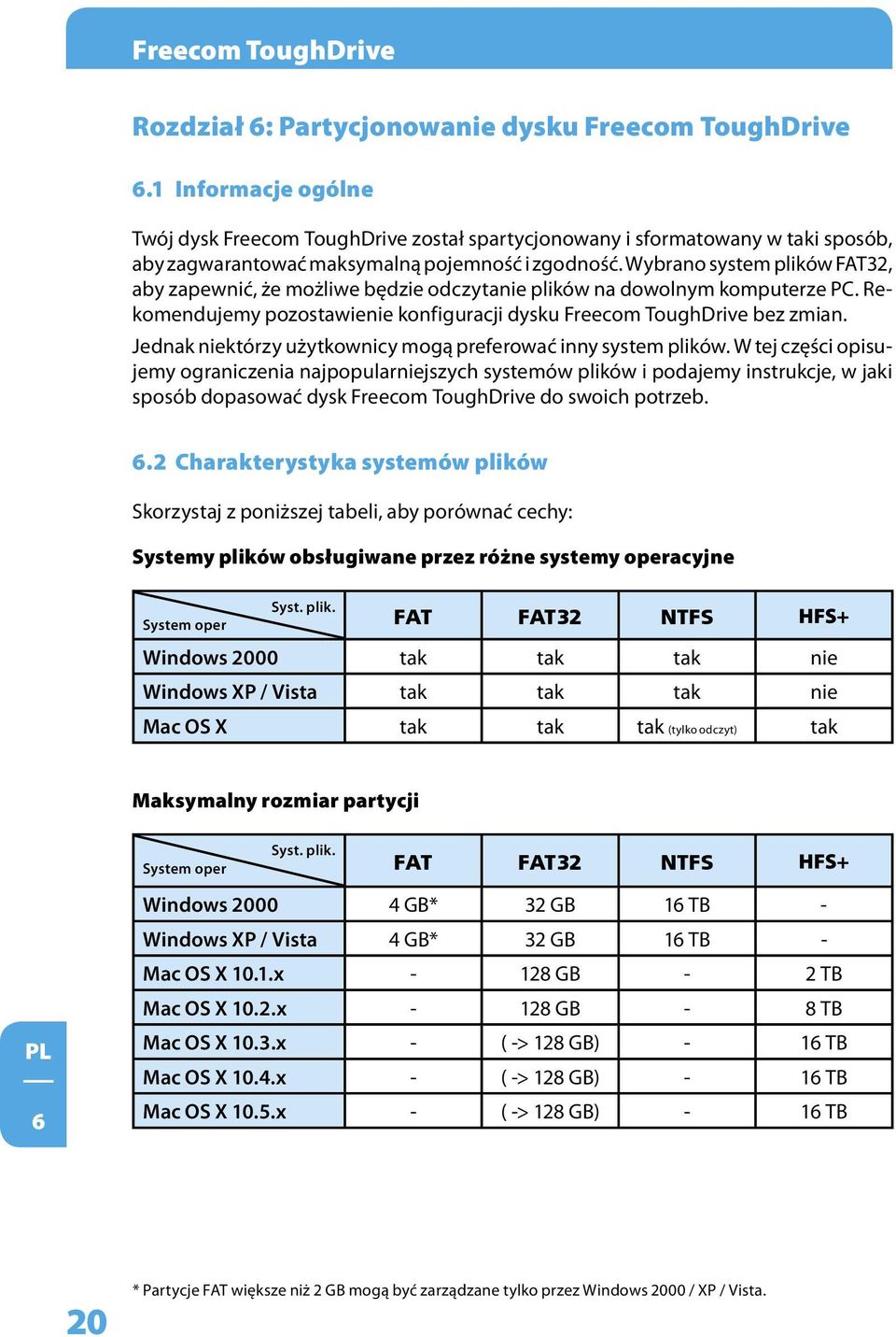 Wybrano system plików FAT32, aby zapewnić, że możliwe będzie odczytanie plików na dowolnym komputerze PC. Rekomendujemy pozostawienie konfiguracji dysku Freecom ToughDrive bez zmian.