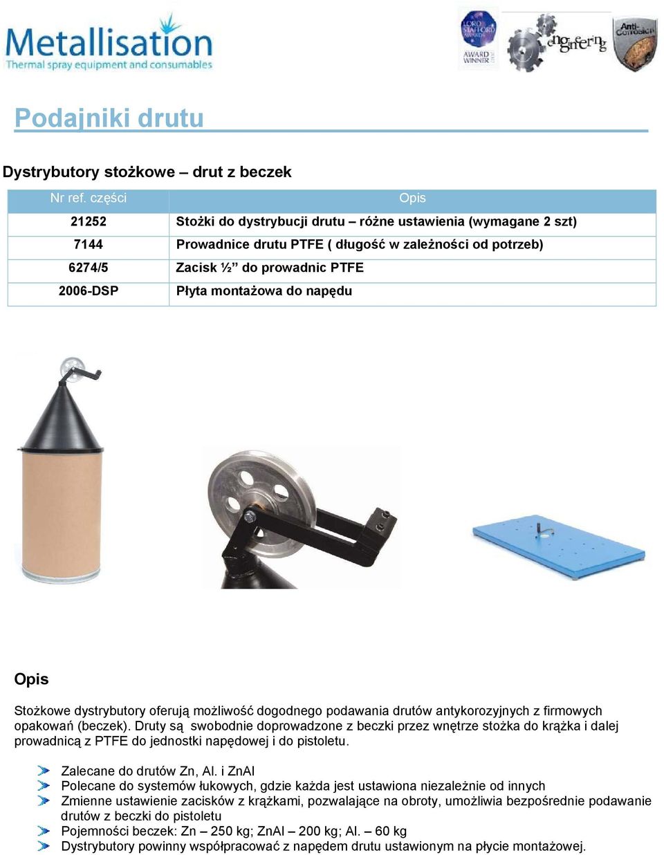 Druty są swobodnie doprowadzone z beczki przez wnętrze stożka do krążka i dalej prowadnicą z PTFE do jednostki napędowej i do pistoletu. Zalecane do drutów Zn, Al.