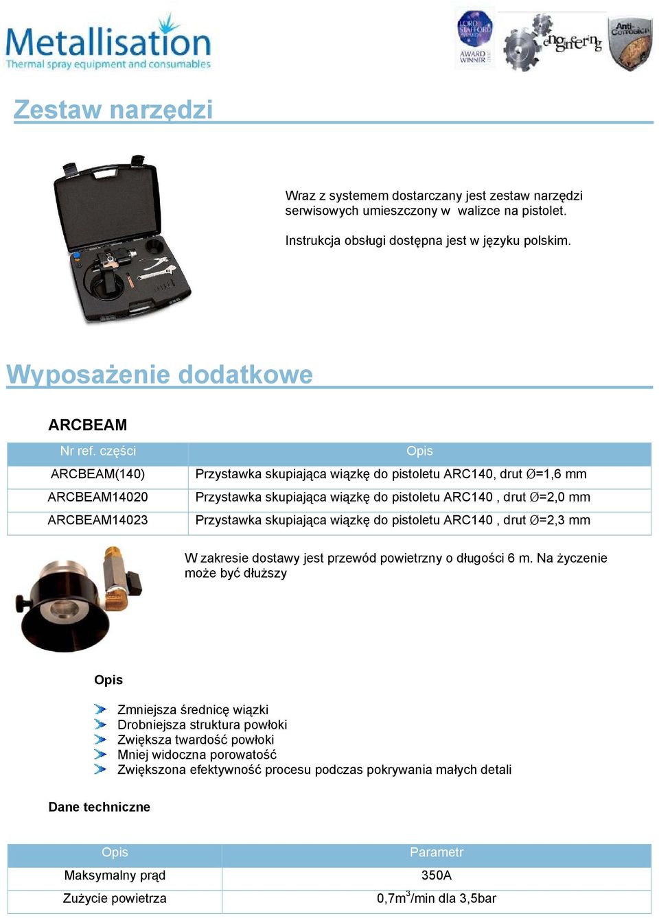 Ø=2,0 mm Przystawka skupiająca wiązkę do pistoletu ARC140, drut Ø=2,3 mm W zakresie dostawy jest przewód powietrzny o długości 6 m.
