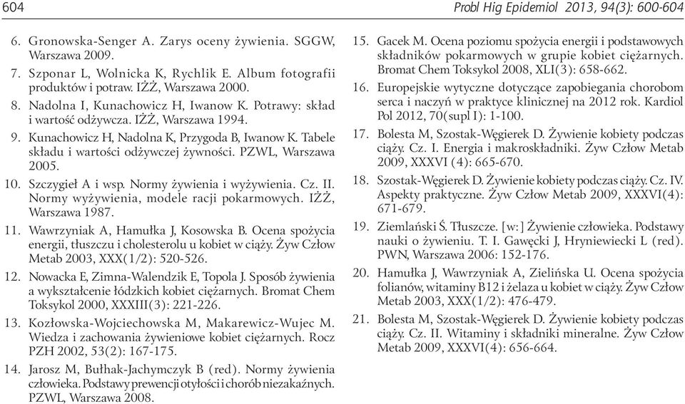 Szczygieł A i wsp. Normy żywieni i wyżywieni. Cz. II. Normy wyżywieni, modele rcji pokrmowych. IŻŻ, Wrszw 1987. 11. Wwrzynik A, Hmułk J, Kosowsk B.