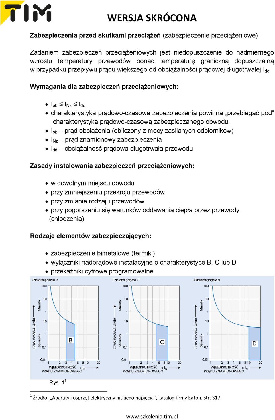 Wymagania dla zabezpieczeń przeciążeniowych: I ob I Nz I dd charakterystyka prądowo-czasowa zabezpieczenia powinna przebiegać pod charakterystyką prądowo-czasową zabezpieczanego obwodu.