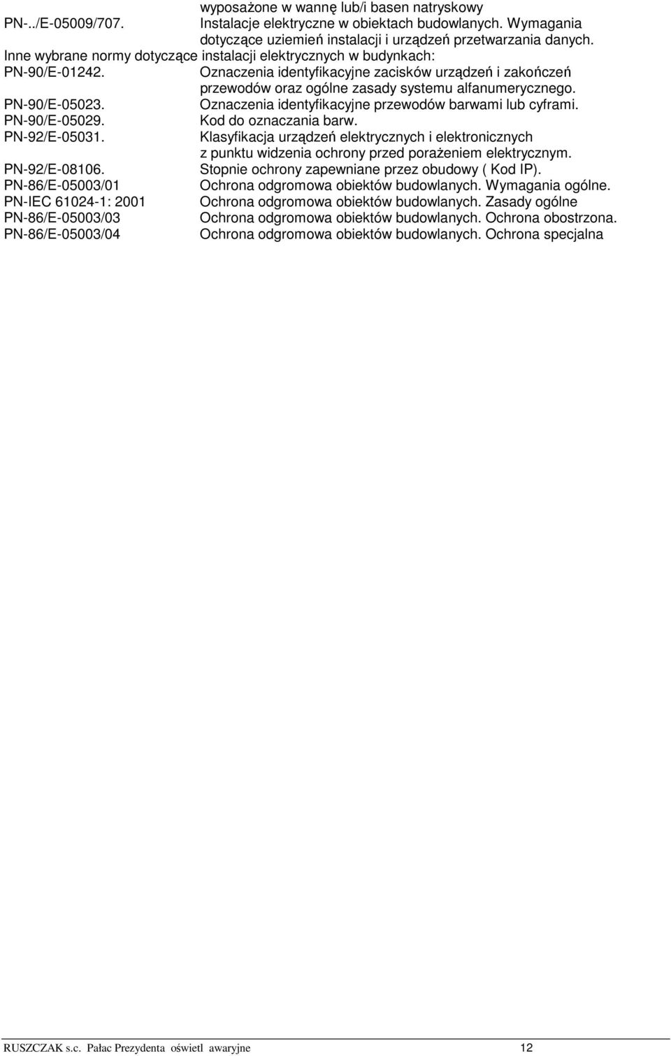 PN-90/E-05023. Oznaczenia identyfikacyjne przewodów barwami lub cyframi. PN-90/E-05029. Kod do oznaczania barw. PN-92/E-05031.