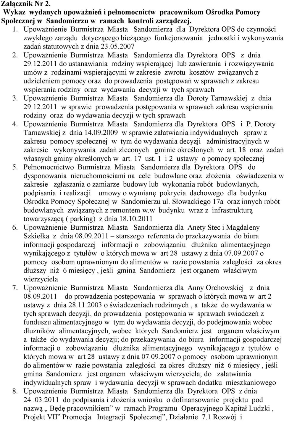 Upoważnienie Burmistrza Miasta Sandomierza dla Dyrektora OPS z dnia 29.12.