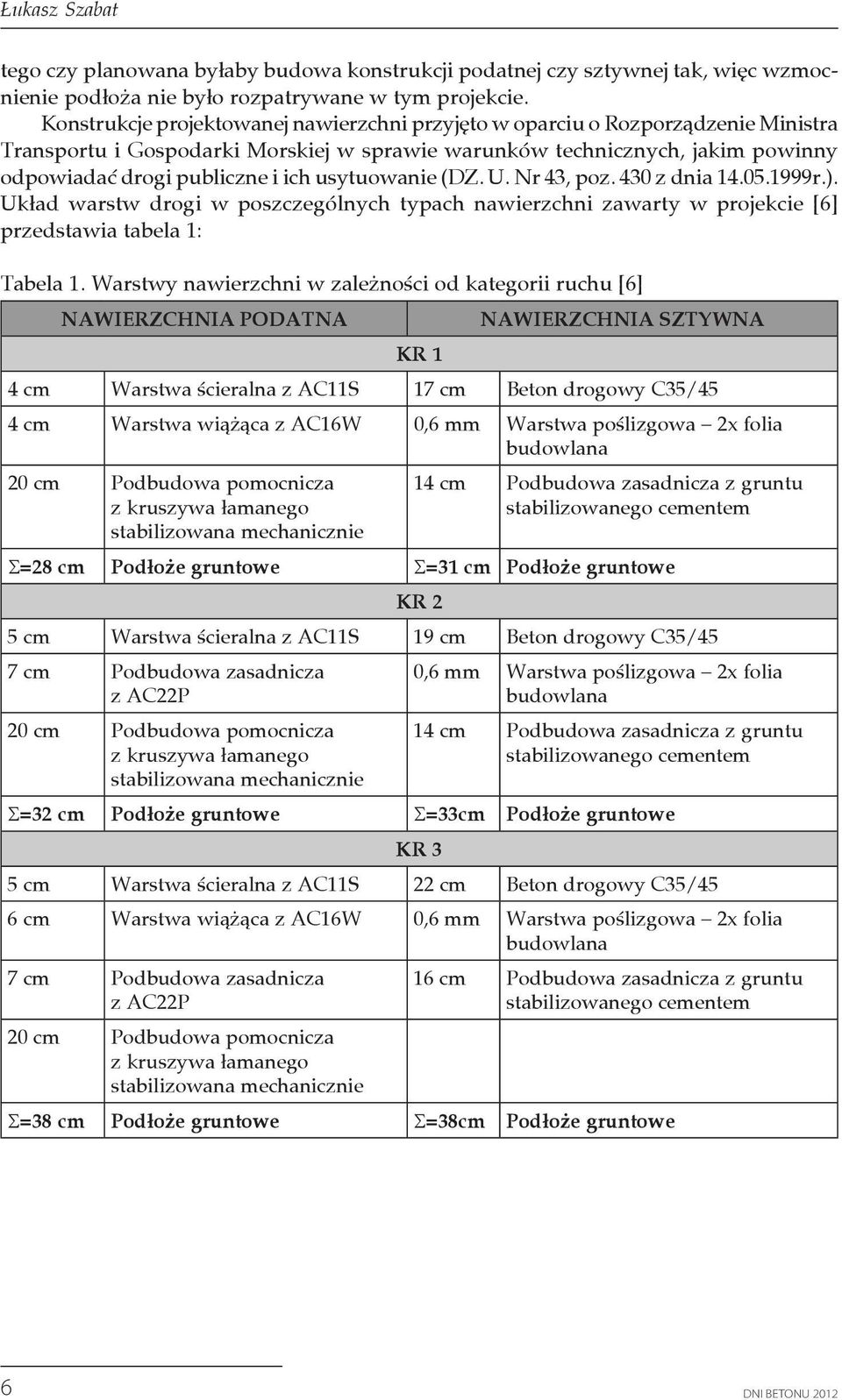 usytuowanie (DZ. U. Nr 43, poz. 430 z dnia 14.05.1999r.). Układ warstw drogi w poszczególnych typach nawierzchni zawarty w projekcie [6] przedstawia tabela 1: Tabela 1.