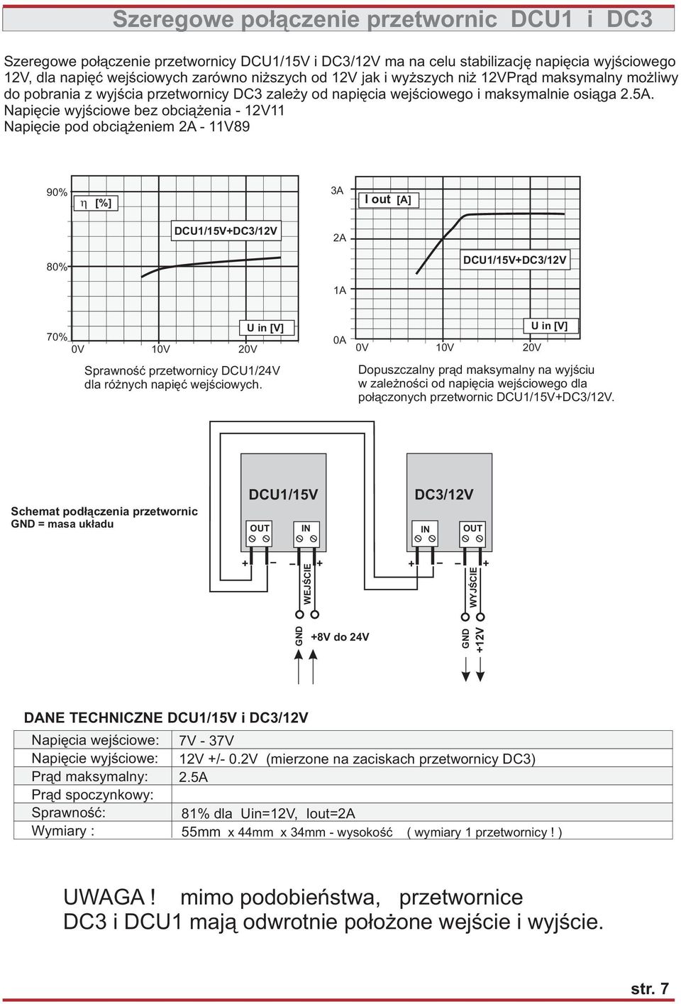 Napiêcie wyjœciowe bez obci¹ enia 12V11 Napiêcie pod obci¹ eniem 2A 11V89 3A I out [A] DCU1/15VDC3/12V 2A DCU1/15VDC3/12V 0V 10V 20V Sprawnoœæ przetwornicy DCU1/24V dla ró nych napiêæ wejœciowych.