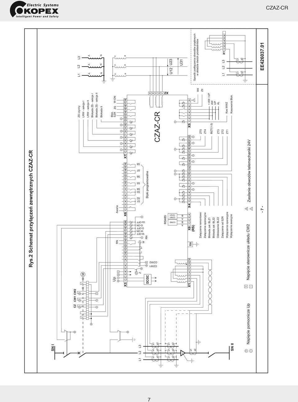 O-OFF S1 S2 S3 S4 S5 S6 S7 S8 ocnicze Up Napiêcie sterownicze uk³adu CW2 Zasilanie obwodów telemechaniki 24V -7- O-ON Uz-OFF A B A COM1 COM2 (opcja) B Awaria X4 Styki programowalne RS485 X1 1 2 3 4 5