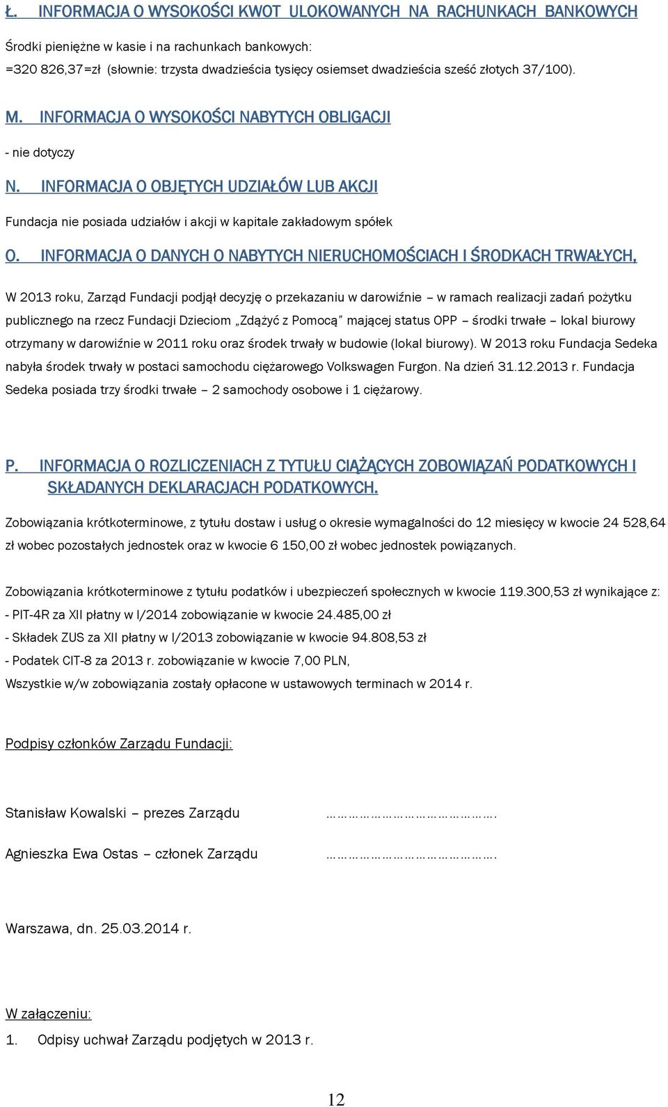 INFORMACJA O DANYCH O NABYTYCH RUCHOMOŚCIACH I ŚRODKACH TRWAŁYCH, W 2013 roku, Zarząd Fundacji podjął decyzję o przekazaniu w darowiźnie w ramach realizacji zadań pożytku publicznego na rzecz