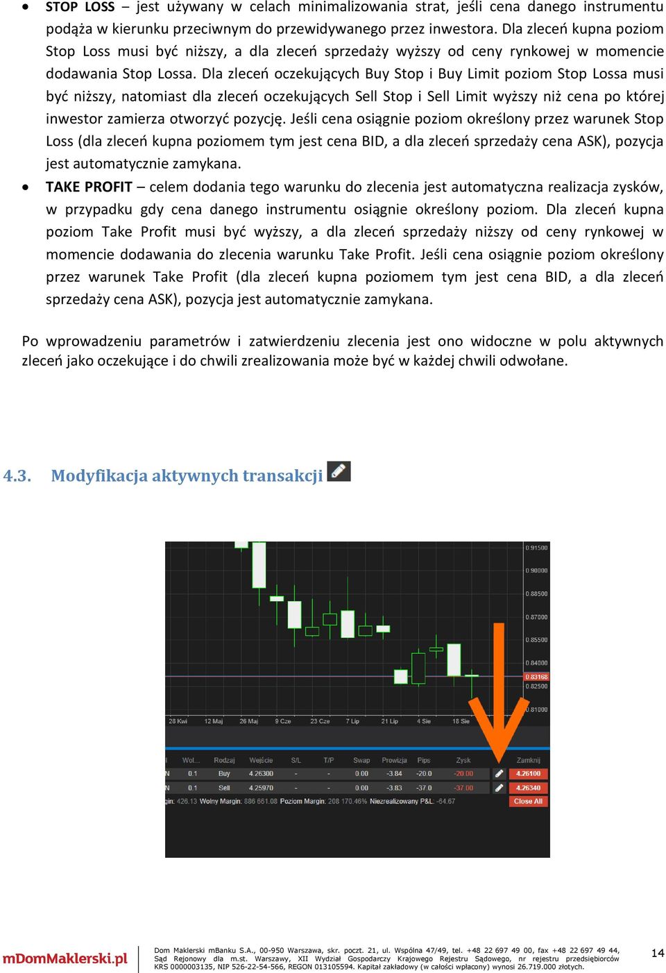 Dla zleceń oczekujących Buy Stop i Buy Limit poziom Stop Lossa musi być niższy, natomiast dla zleceń oczekujących Sell Stop i Sell Limit wyższy niż cena po której inwestor zamierza otworzyć pozycję.