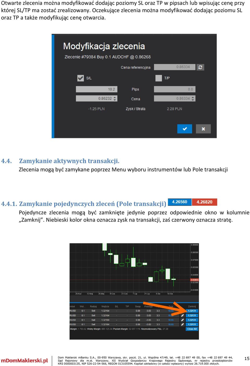 Zlecenia mogą być zamykane poprzez Menu wyboru instrumentów lub Pole transakcji 4.4.1.