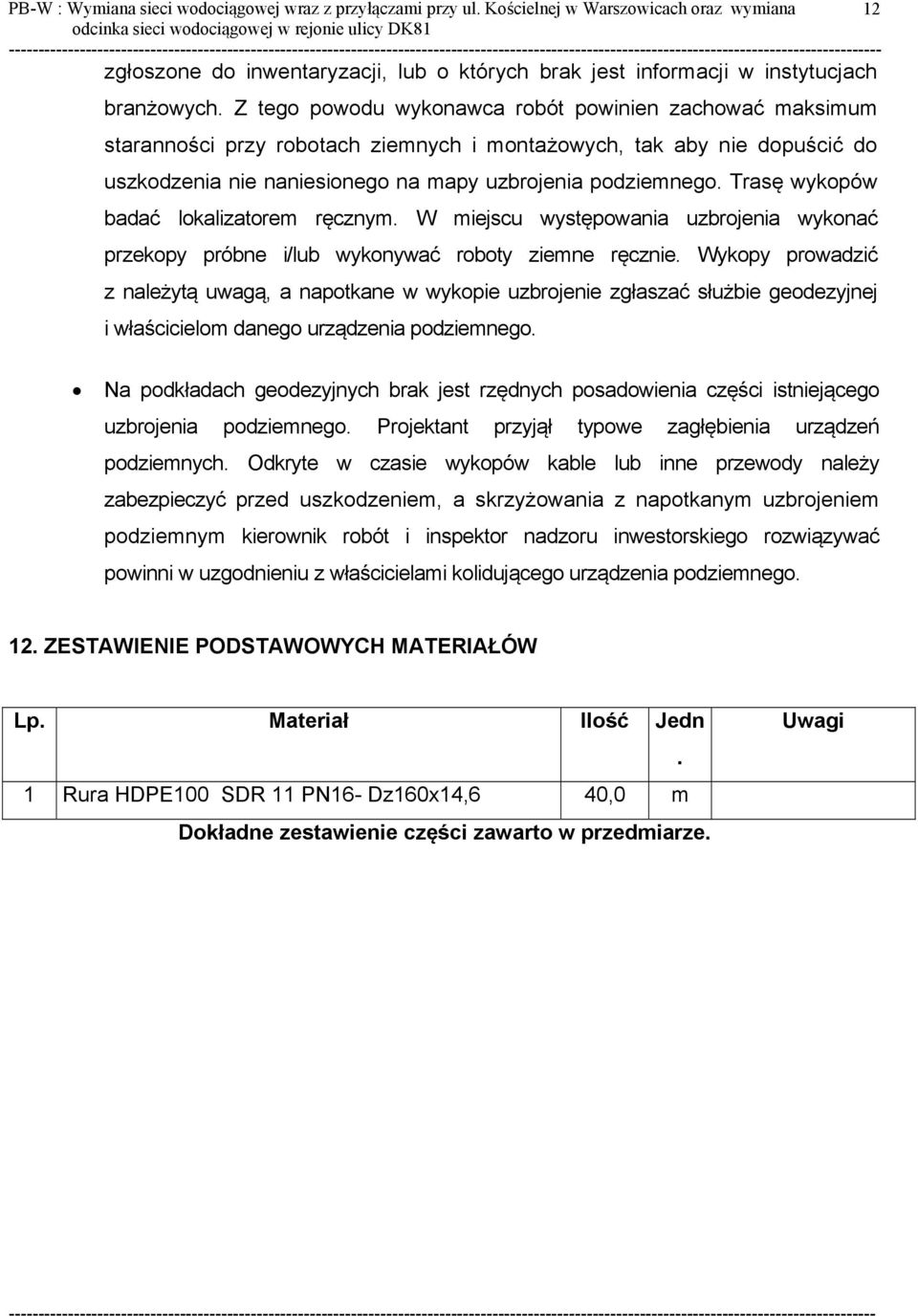 Trasę wykopów badać lokalizatorem ręcznym. W miejscu występowania uzbrojenia wykonać przekopy próbne i/lub wykonywać roboty ziemne ręcznie.