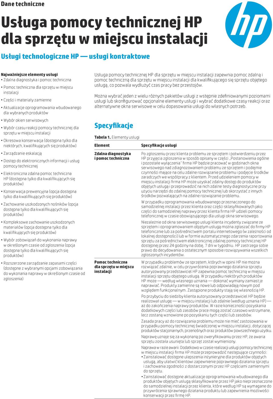 (dostępna tylko dla niektórych, kwalifikujących się produktów) Zarządzanie eskalacją Dostęp do elektronicznych informacji i usług pomocy technicznej Elektroniczna zdalna pomoc techniczna HP (dostępna