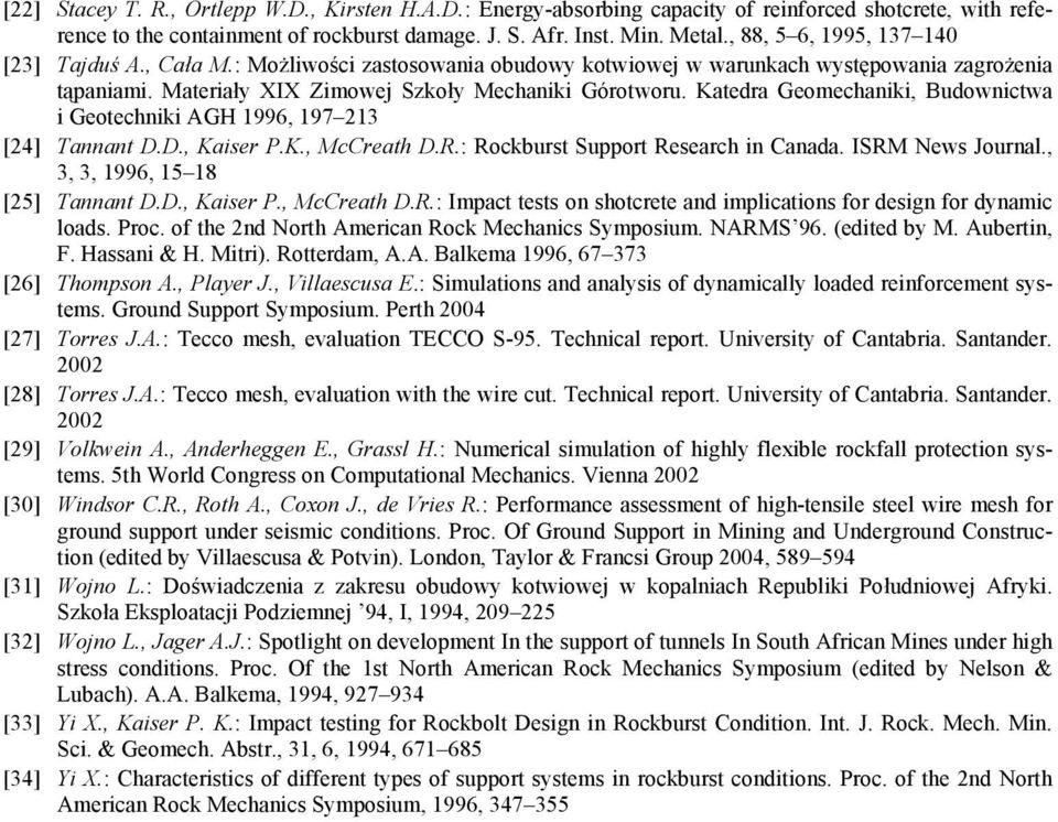 Katedra Geomechaniki, Budownictwa i Geotechniki AGH 1996, 197 213 [24] Tannant D.D., Kaiser P.K., McCreath D.R.: Rockburst Support Research in Canada. ISRM News Journal.
