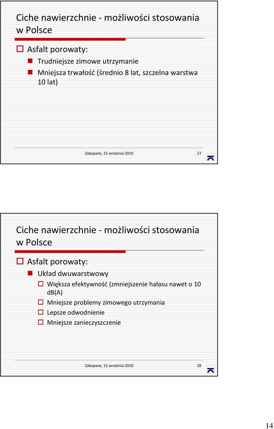 stosowania w Polsce Asfalt porowaty: Układ dwuwarstwowy Większa efektywność (zmniejszenie hałasu nawet o 10
