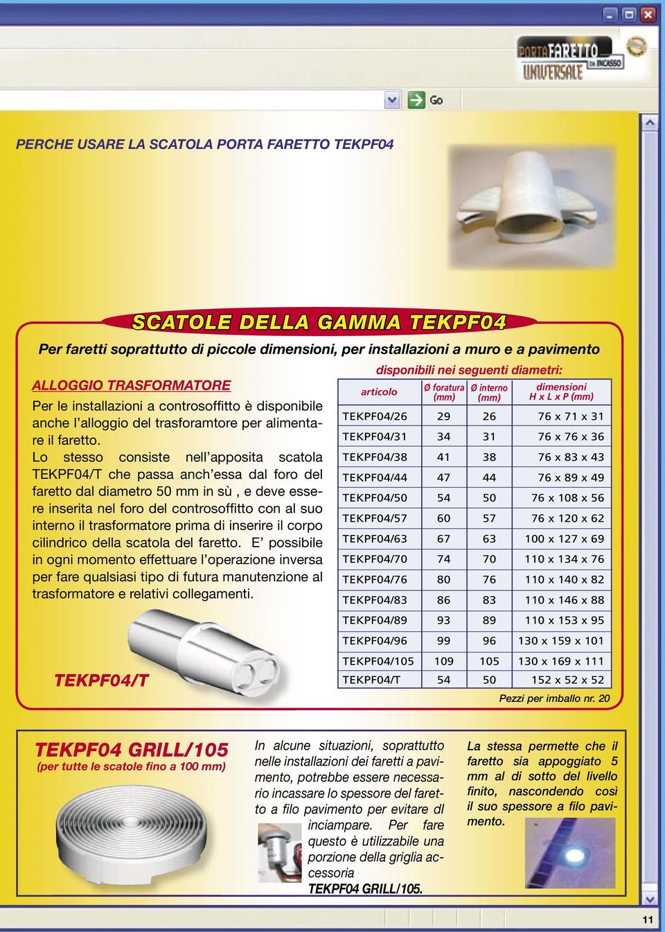 Lo stesso consiste nell apposita scatola TEKPF04/T che passa anch essa dal foro del faretto dal diametro 50 mm in sù, e deve essere inserita nel foro del controsoffitto con al suo interno il