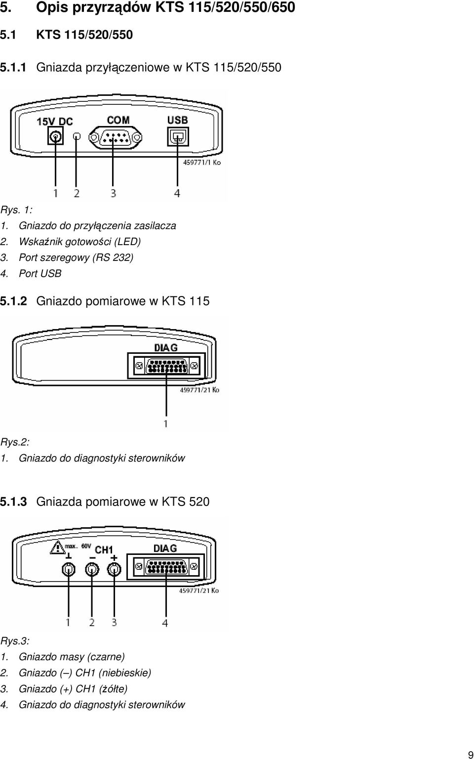 2 Gniazdo pomiarowe w KTS 115 Rys.2: 1. Gniazdo do diagnostyki sterowników 5.1.3 Gniazda pomiarowe w KTS 520 Rys.