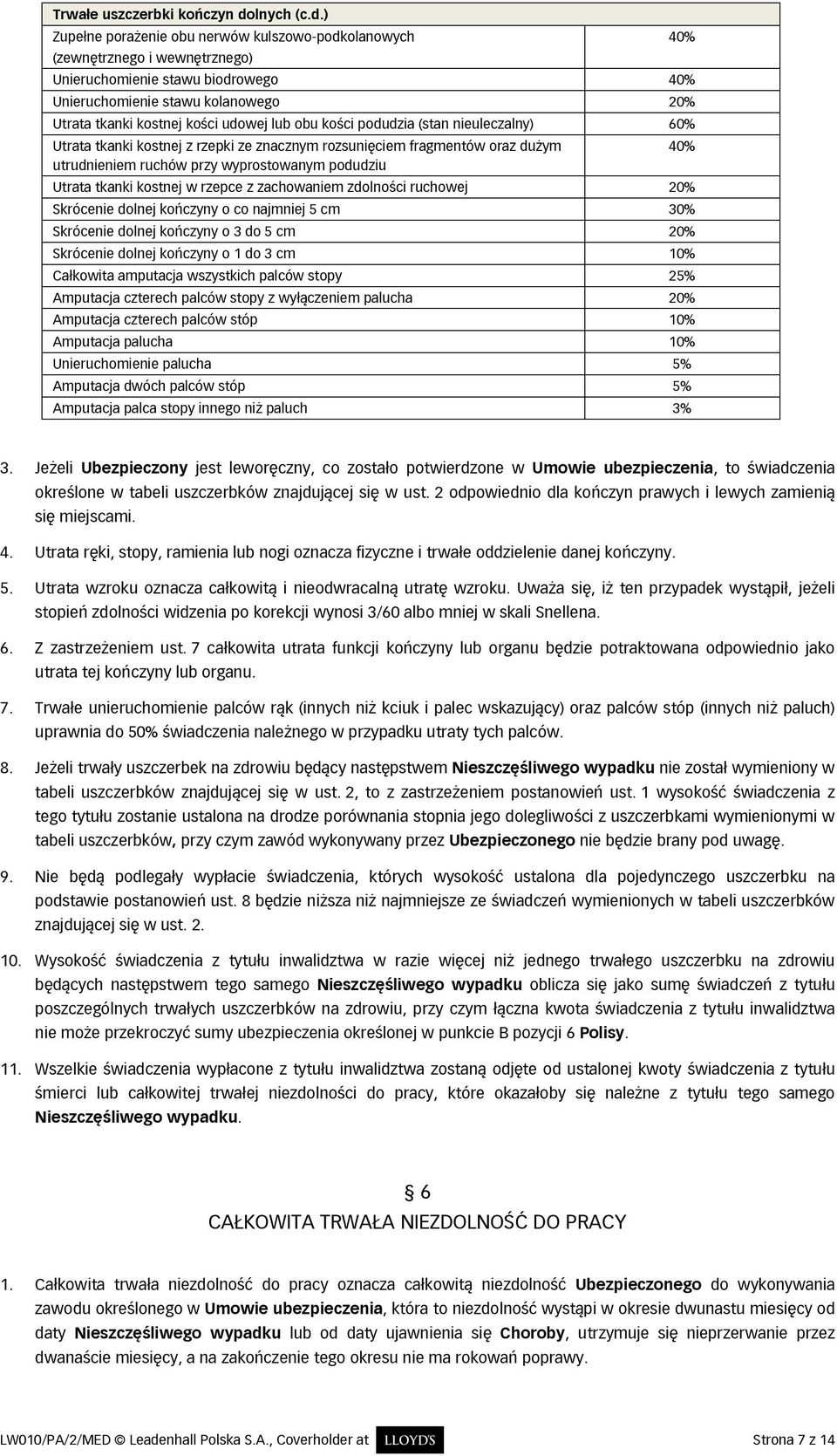 ) Zupełne porażenie obu nerwów kulszowo-podkolanowych (zewnętrznego i wewnętrznego) Unieruchomienie stawu biodrowego 40% Unieruchomienie stawu kolanowego 20% Utrata tkanki kostnej kości udowej lub