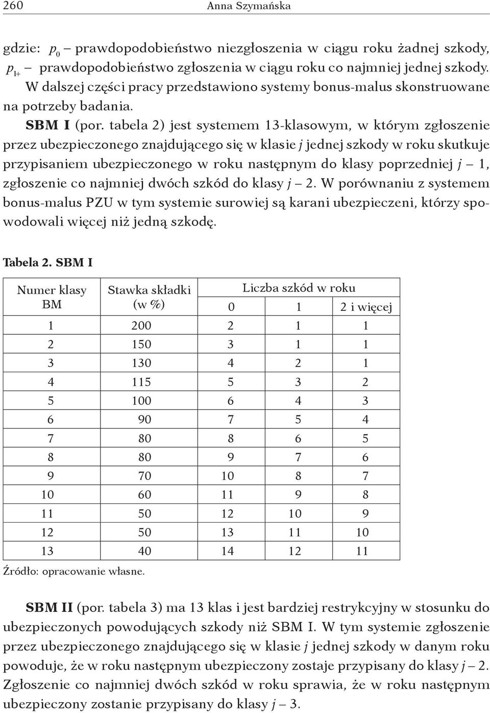 tabela 2) jest systemem 13 klasowym, w którym zgłoszenie przez ubezpieczonego znajdującego się w klasie j jednej szkody w roku skutkuje przypisaniem ubezpieczonego w roku następnym do klasy