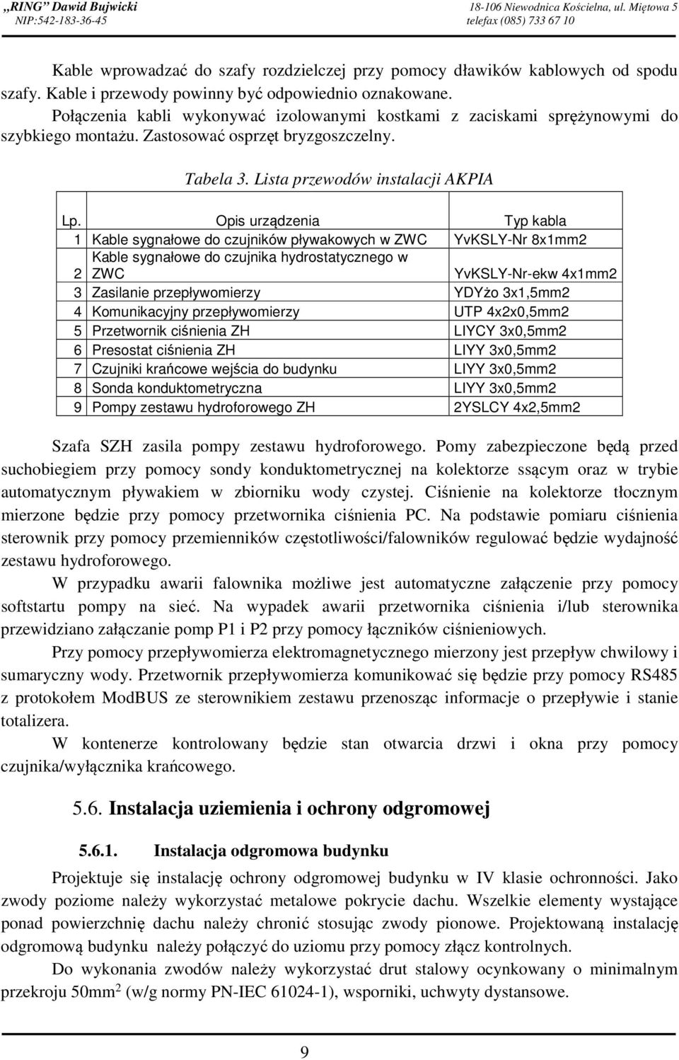 Lista przewodów instalacji AKPIA Lp.