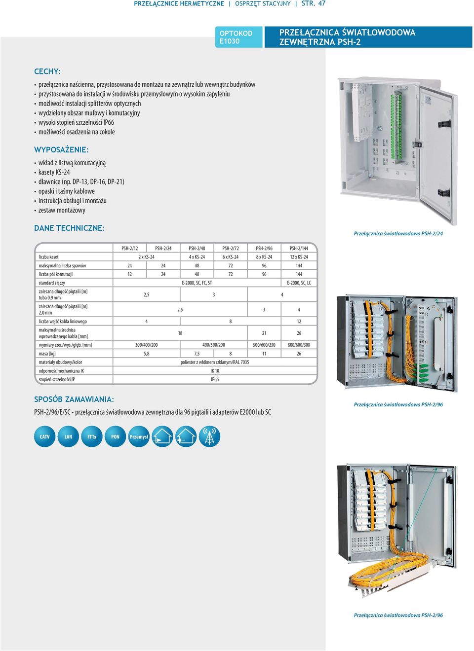 zapyleniu możliwość instalacji splitterów optycznych wydzielony obszar mufowy i komutacyjny wysoki stopień szczelności IP66 możliwości osadzenia na cokole wkład z listwą komutacyjną kasety KS-24