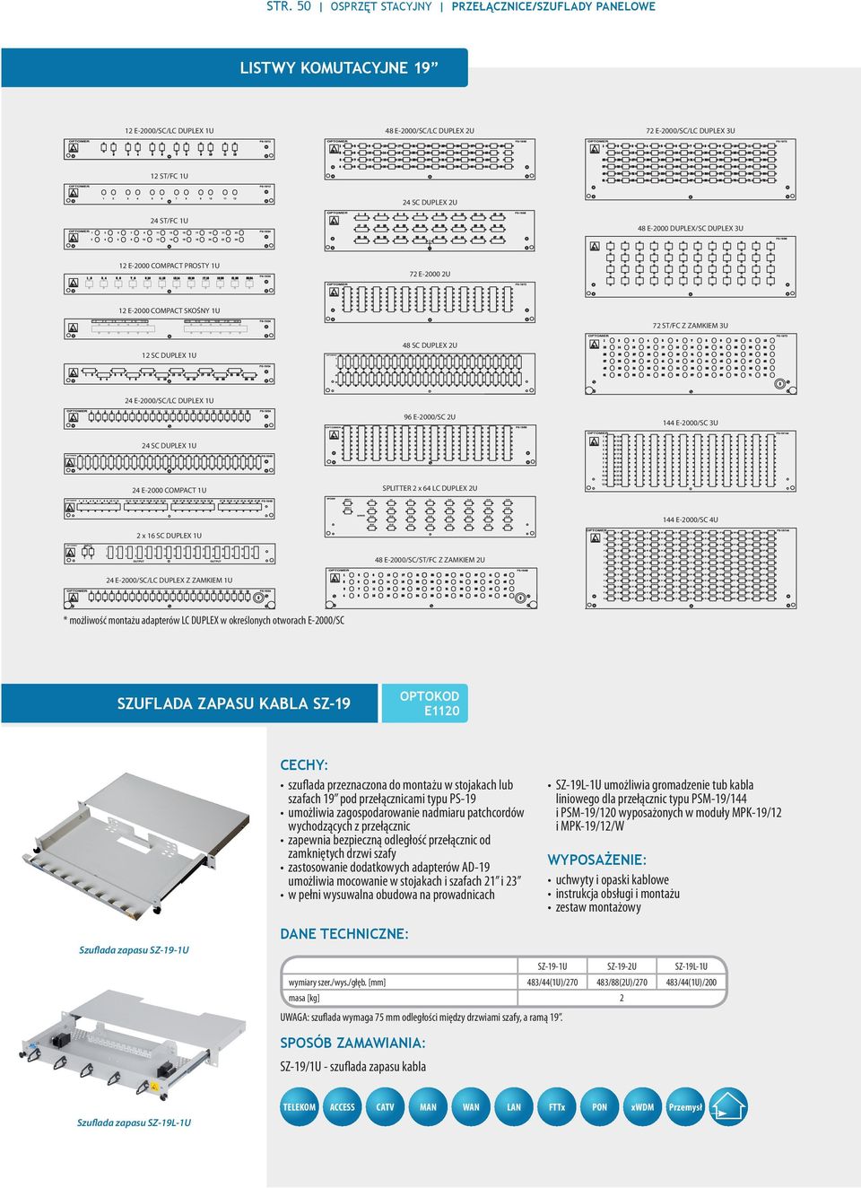 E-2000/SC 3U 24 SC DUPLEX 1U 24 E-2000 COMPACT 1U SPLITTER 2 x 64 LC DUPLEX 2U 2 x 16 SC DUPLEX 1U 144 E-2000/SC 4U 48 E-2000/SC/ST/FC Z ZAMKIEM 2U 24 E-2000/SC/LC DUPLEX Z ZAMKIEM 1U * możliwość