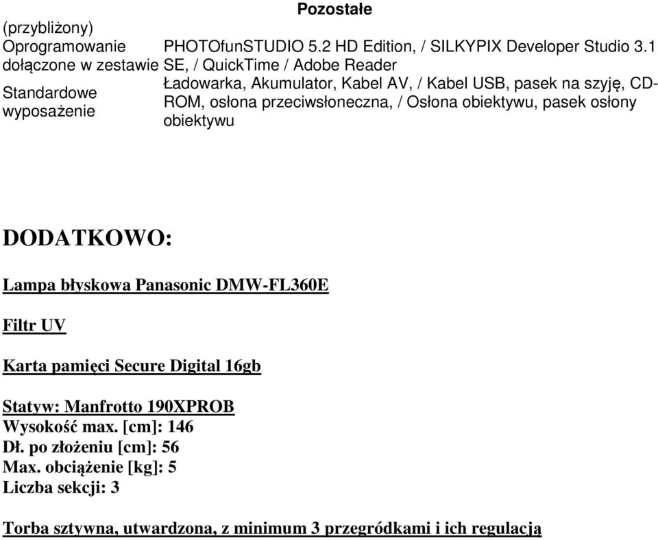 ROM, osłona przeciwsłoneczna, / Osłona obiektywu, pasek osłony obiektywu DODATKOWO: Lampa błyskowa Panasonic DMW-FL360E Filtr UV Karta pamięci