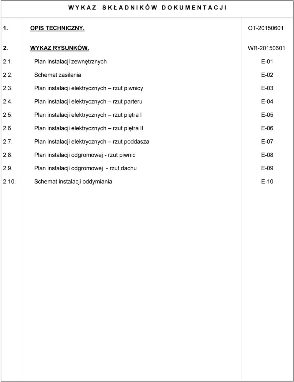 Plan instalacji zewnętrznych Schemat zasilania Plan instalacji elektrycznych rzut piwnicy Plan instalacji elektrycznych rzut parteru Plan instalacji