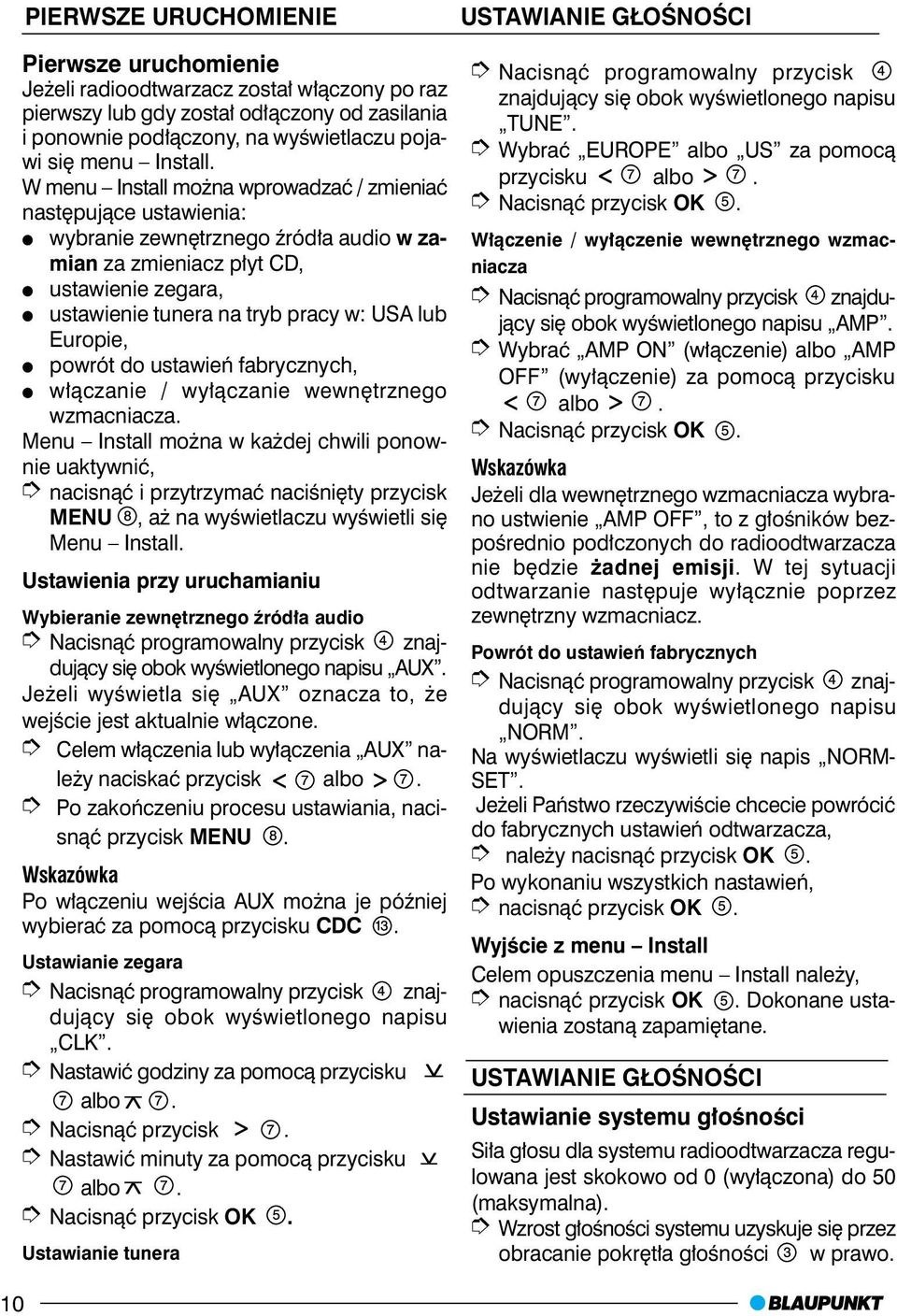 Europie, powrót do ustawieñ fabrycznych, w³¹czanie / wy³¹czanie wewnêtrznego wzmacniacza.