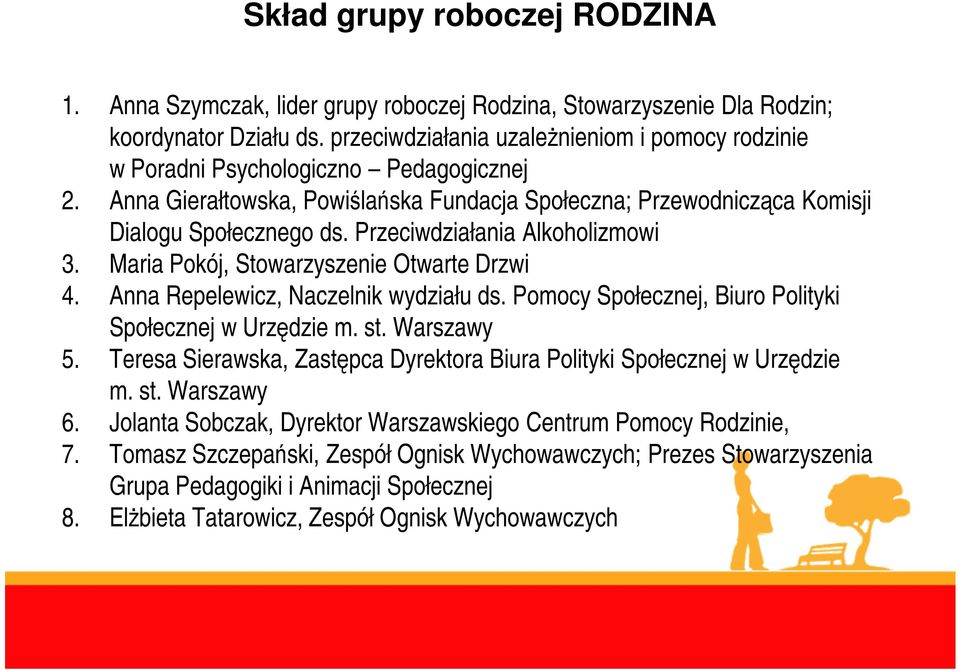 Przeciwdziałania Alkoholizmowi 3. Maria Pokój, Stowarzyszenie Otwarte Drzwi 4. Anna Repelewicz, Naczelnik wydziału ds. Pomocy Społecznej, Biuro Polityki Społecznej w Urzędzie m. st. Warszawy 5.