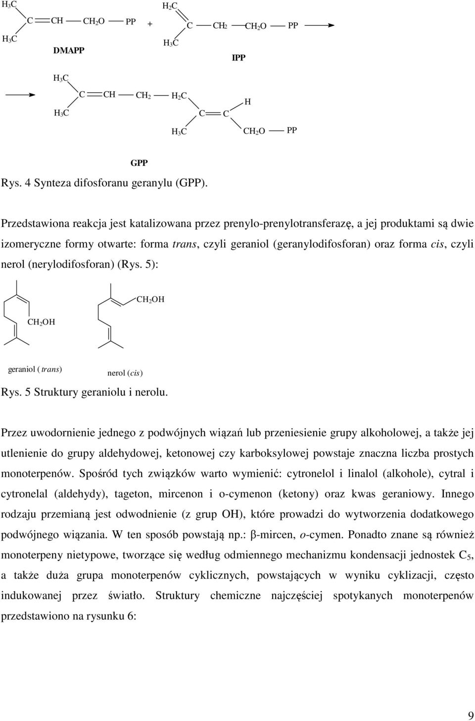 nerol (nerylodifosforan) (Rys. 5): 2 O 2 O geraniol ( trans) nerol (cis) Rys. 5 Struktury geraniolu i nerolu.