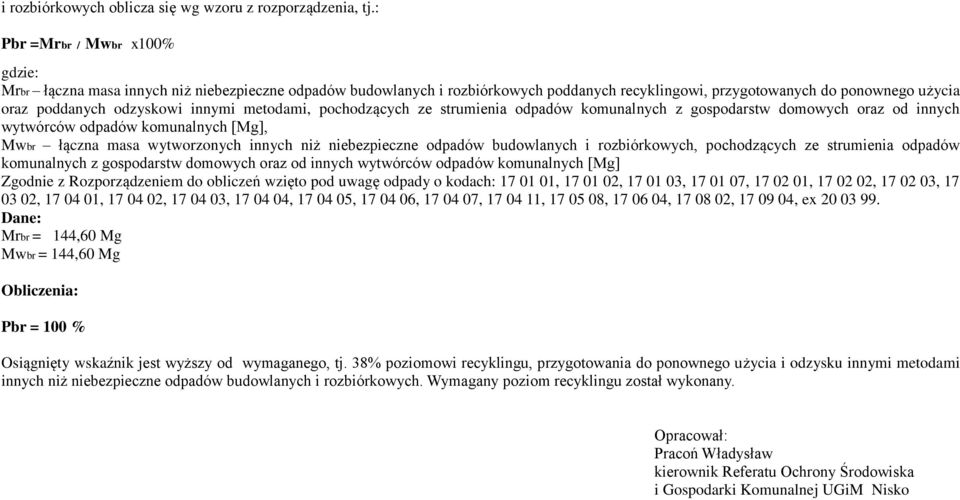 innymi metodami, pochodzących ze strumienia odpadów komunalnych z gospodarstw domowych oraz od innych wytwórców odpadów komunalnych [Mg], Mwbr łączna masa wytworzonych innych niż niebezpieczne