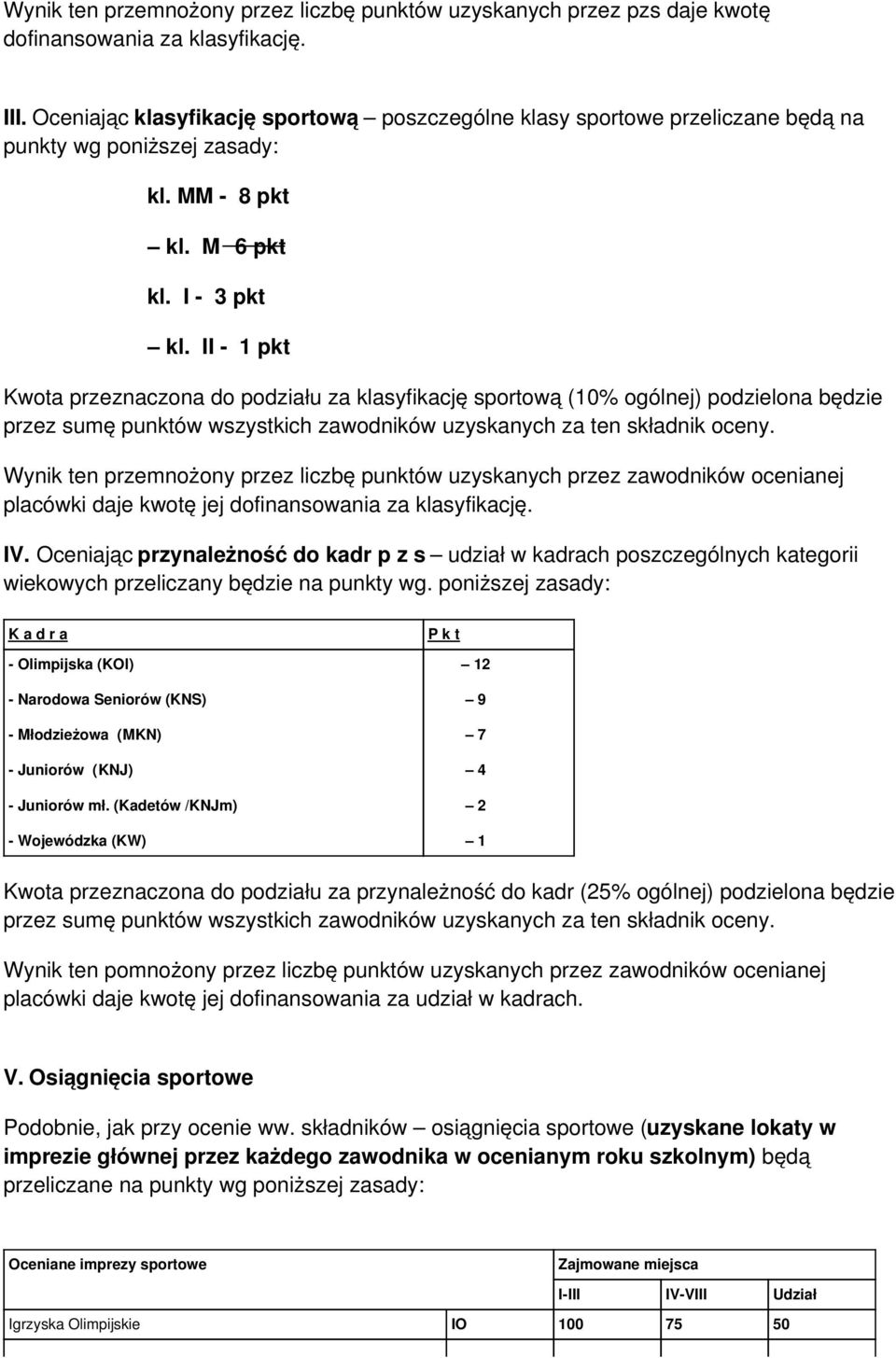 II - 1 pkt Kwota przeznaczona do podziału za klasyfikację sportową (10% ogólnej) podzielona będzie przez sumę punktów wszystkich zawodników uzyskanych za ten składnik oceny.