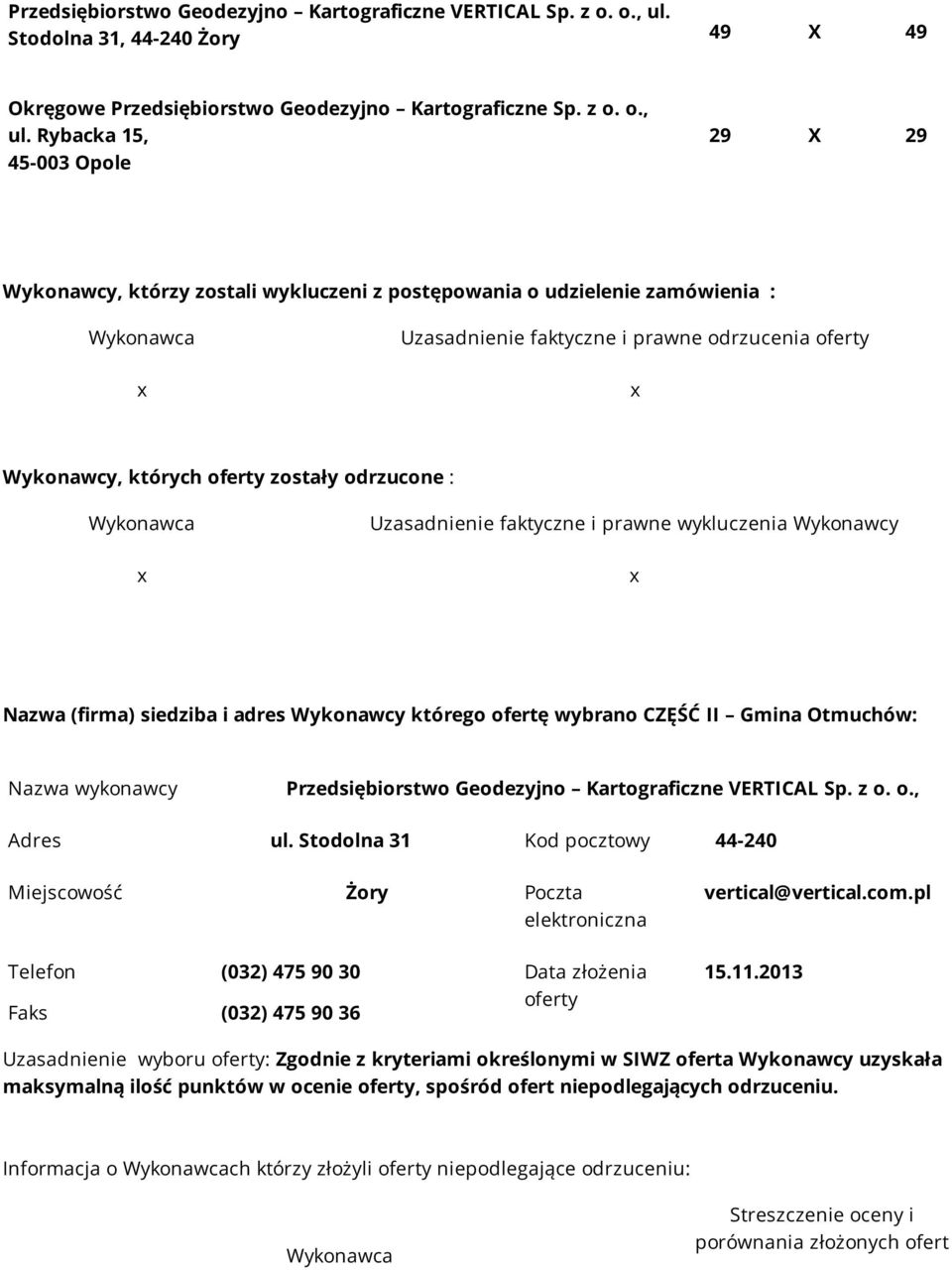 Rybacka 15, 45-003 Opole 29 X 29 Wykonawcy, którzy zostali wykluczeni z postępowania o udzielenie zamówienia : Uzasadnienie faktyczne i prawne odrzucenia oferty Wykonawcy, których oferty zostały