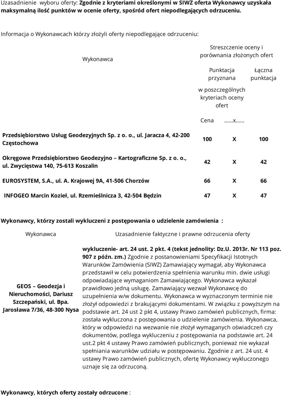 Przedsiębiorstwo Usług Geodezyjnych Sp. z o. o., ul. Jaracza 4, 42-200 Częstochowa Okręgowe Przedsiębiorstwo Geodezyjno Kartograficzne Sp. z o. o., ul. Zwycięstwa 140, 75-613 Koszalin 100 X 100 42 X 42 EUROSYSTEM, S.