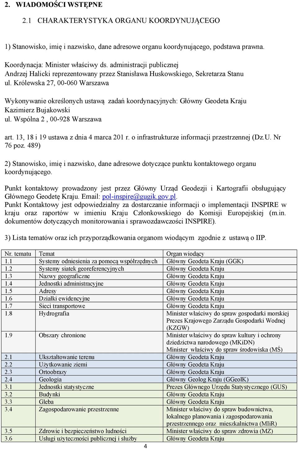 Królewska 27, 00-060 Warszawa Wykonywanie określonych ustawą zadań koordynacyjnych: Główny Geodeta Kraju Kazimierz Bujakowski ul. Wspólna 2, 00-928 Warszawa art.