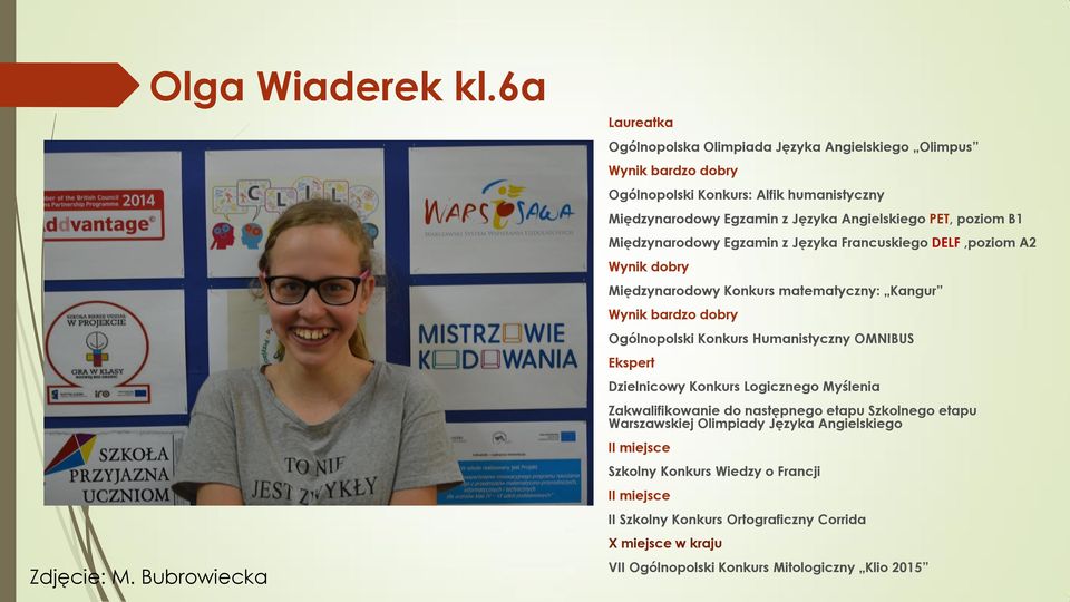PET, poziom B1 Międzynarodowy Egzamin z Języka Francuskiego DELF,poziom A2 Wynik dobry Międzynarodowy Konkurs matematyczny: Kangur Wynik bardzo dobry Ogólnopolski Konkurs