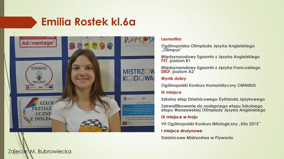 Międzynarodowy Egzamin z Języka Francuskiego DELF, poziom A2 Wynik dobry Ogólnopolski Konkurs Humanistyczny OMNIBUS III miejsce